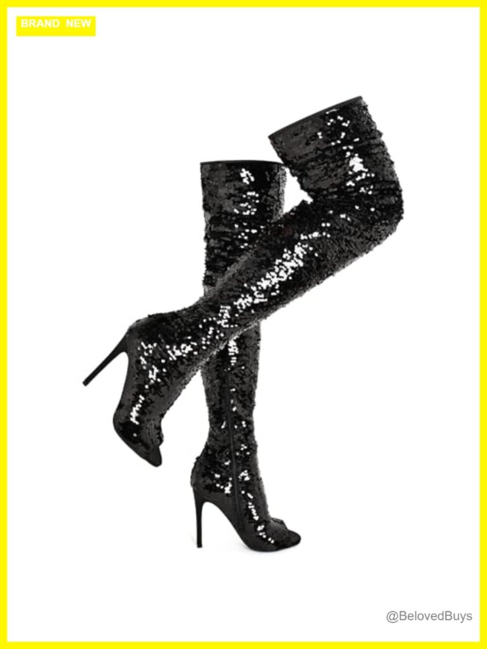Sparkly Sequins Open Toe Thigh High Stiletto Heel Boots Side Zipper